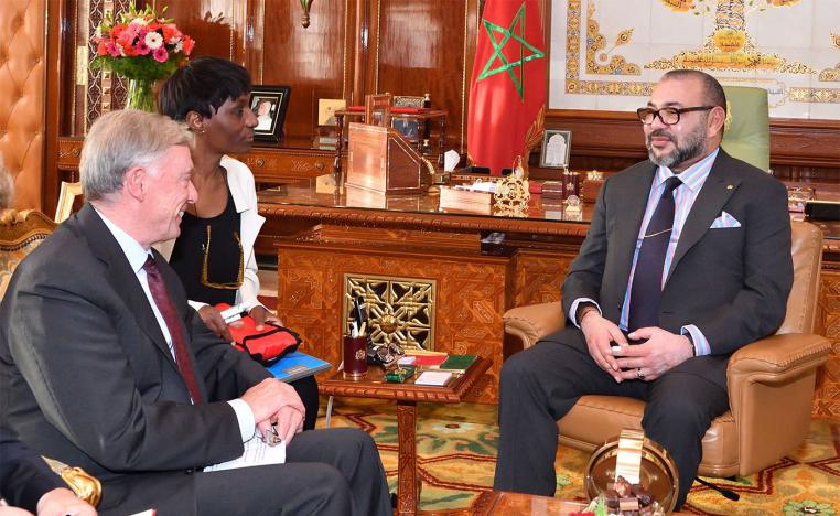 Moroccan King Mohammed VI, right, confers with UN envoy Horst Kohler at the Palace in Rabat 