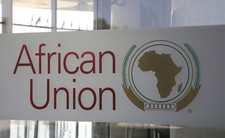 The logo of the African Union is seen at the entrance of the AU headquarters  in Addis Ababa