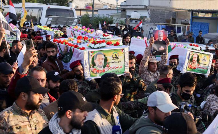 Mourners carry the coffins of Iraq's Kataib Hezbollah fighters who were killed by US airstrike