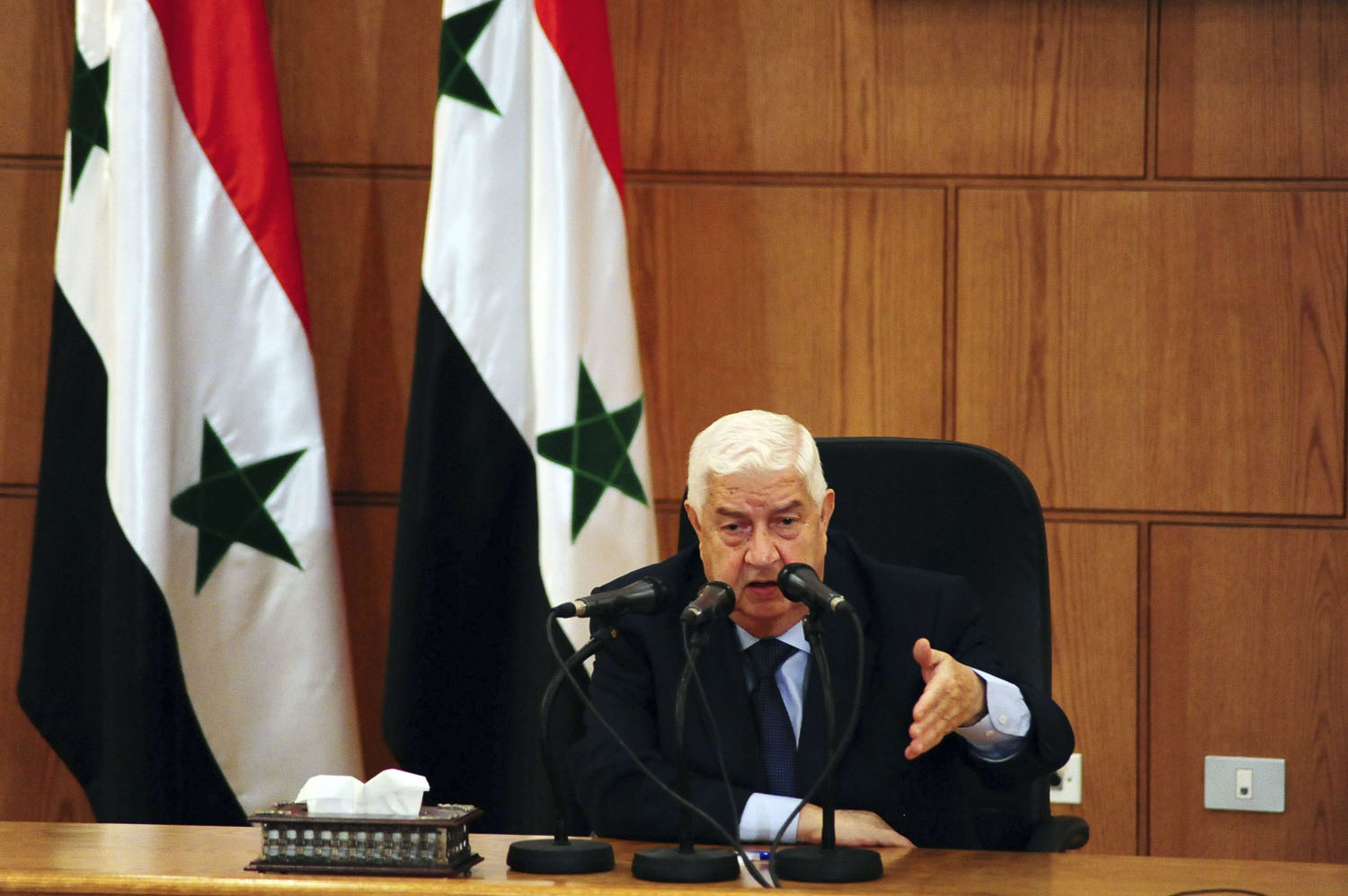 وزير الخارجية السوري وليد المعلم في مؤتمر صحفي في دمشق