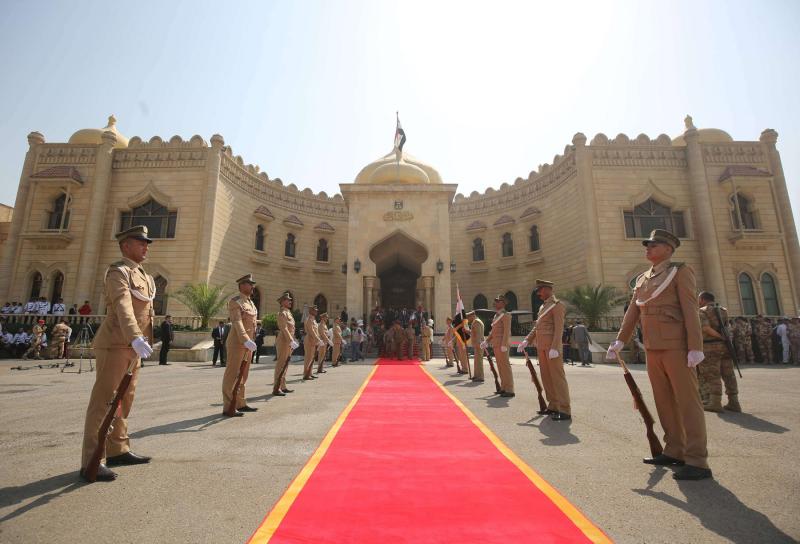 The Iraqi honour guard stands at attention during the presidential handover ceremony at the presidential palace in Baghdad, on October 3