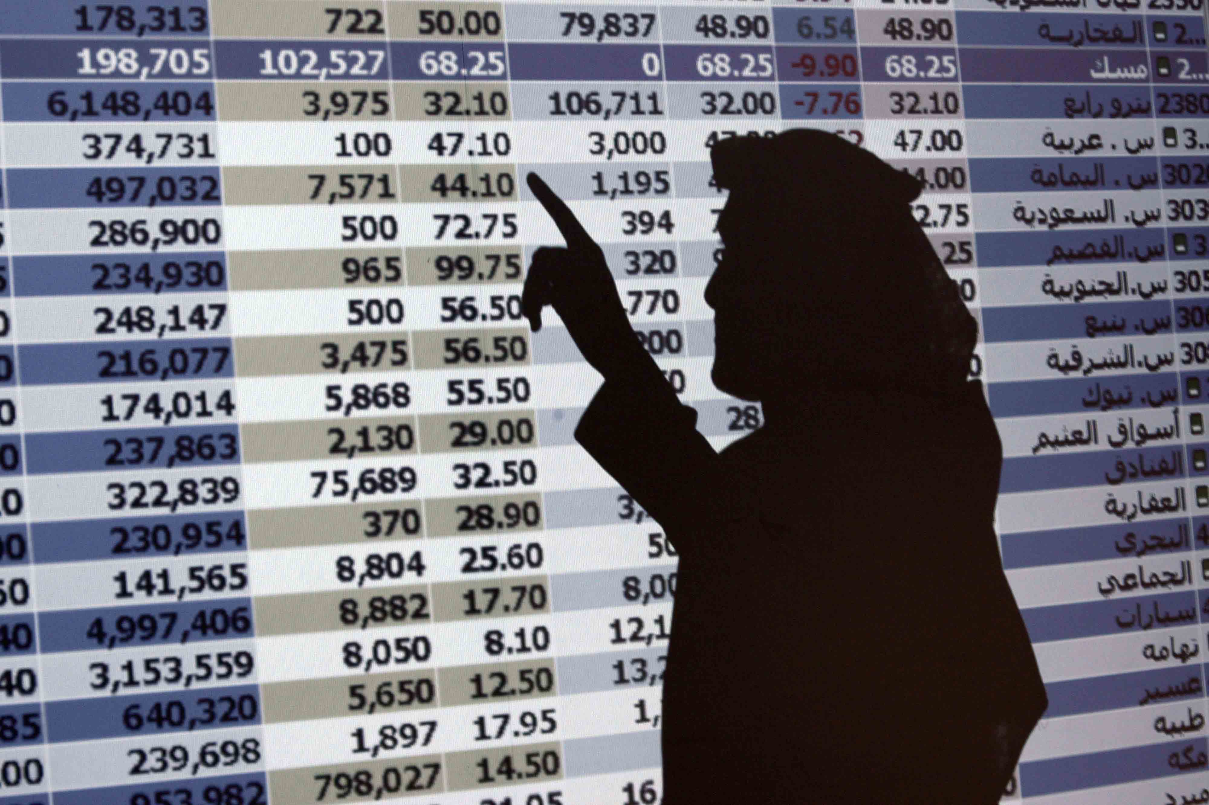 In this Oct. 7, 2008 file photo, the shadow of a Saudi trader is seen on a stock market monitor in Riyadh, Saudi Arabia
