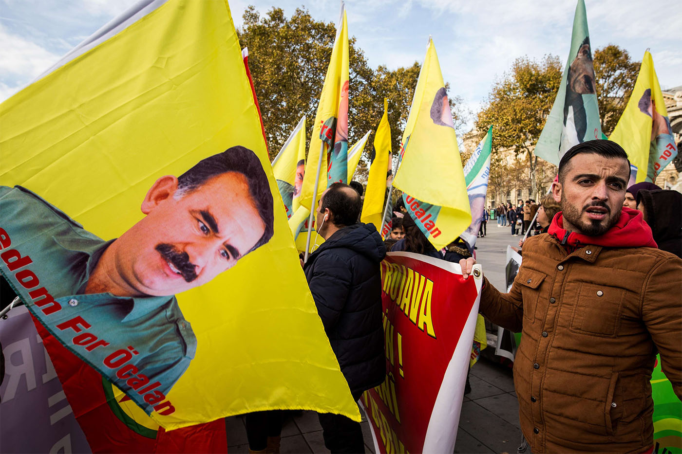 Kurdish protesters take part in a demonstration in Paris demanding the freedom of jailed Kurdistan Workers' Party (PKK) leader Abdullah Ocalan