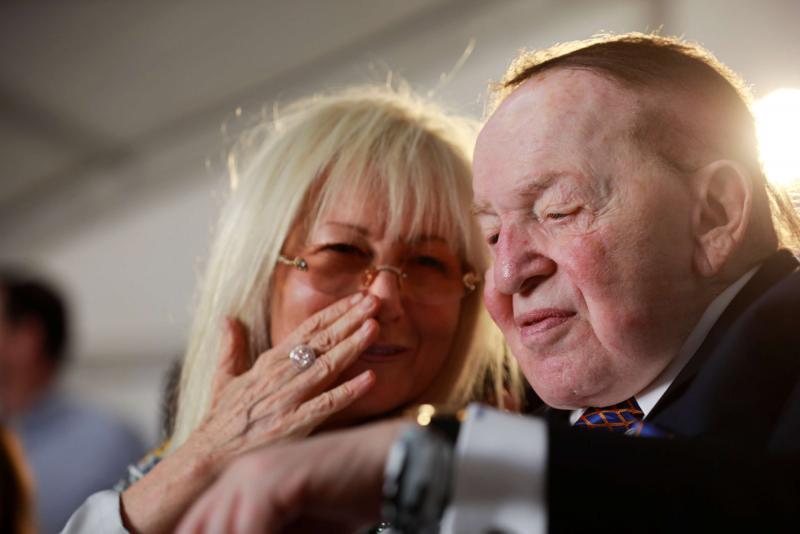A 2017 file picture shows Miriam and Sheldon Adelson attending a ceremony at Ariel University in the Israeli settlement of Ariel in the occupied West Bank. 