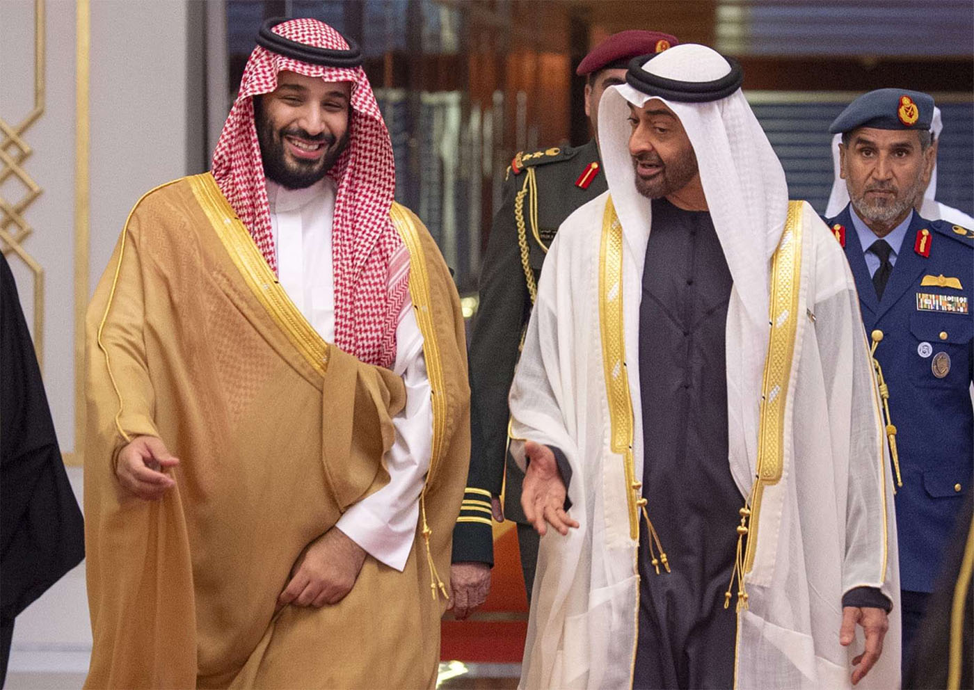 Saudi Crown Prince Mohammed bin Salman (L) received by Abu Dhabi's Crown Prince Sheikh Mohamed bin Zayed Al Nahyan