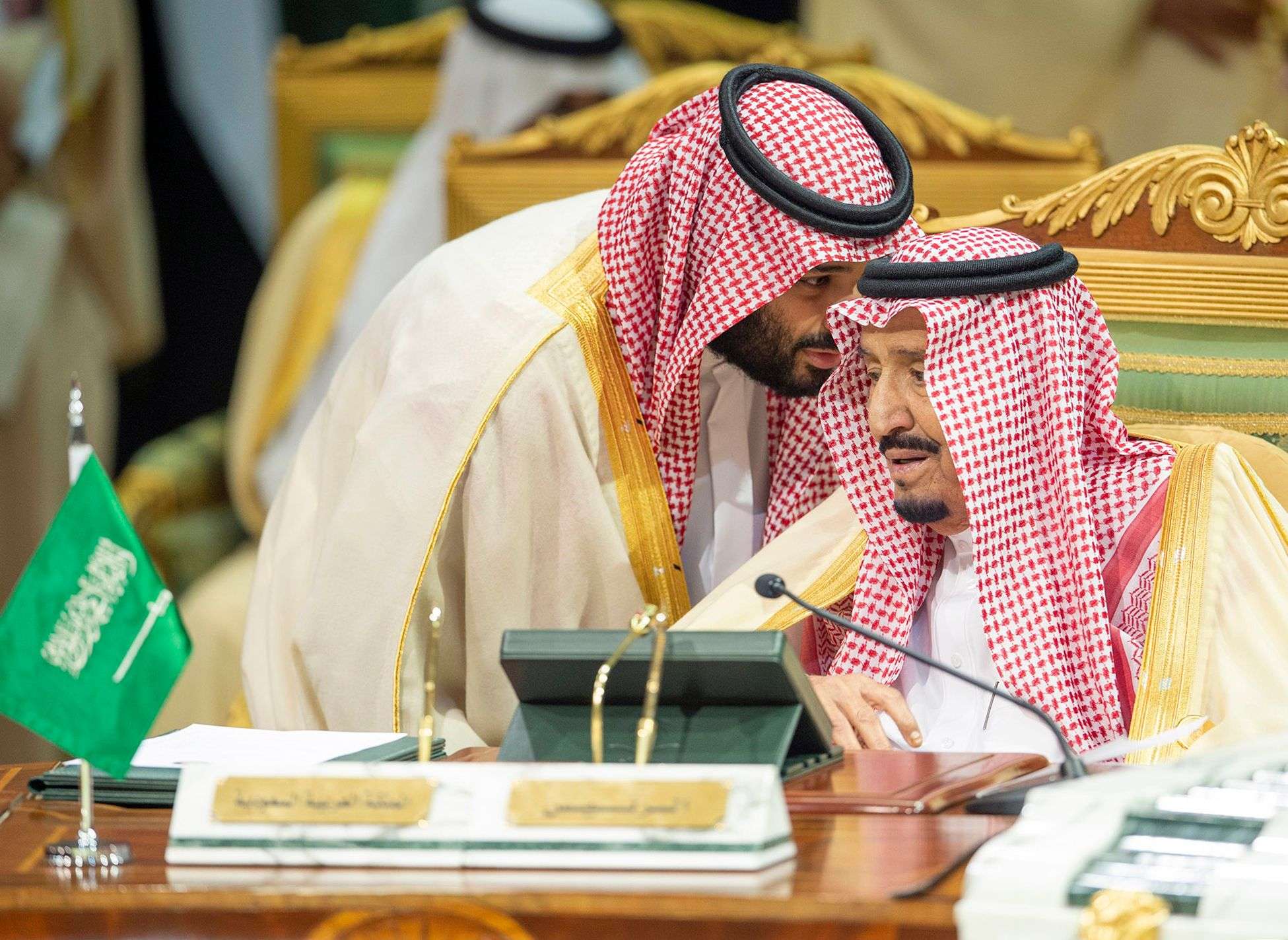 Saudi Arabia's Crown Prince Mohammed bin Salman talks with Saudi Arabia's King Salman bin Abdulaziz Al Saud during the Gulf Cooperation Council's (GCC) Summit in Riyadh, Saudi Arabia December 9, 2018. 