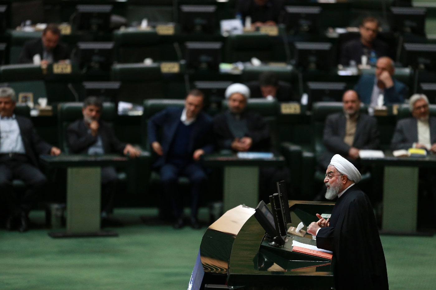 Iranian President Hassan Rouhani speaks as he submits next year's budget bill to parliament in Tehran, Iran, Tuesday, Dec. 25, 2018.