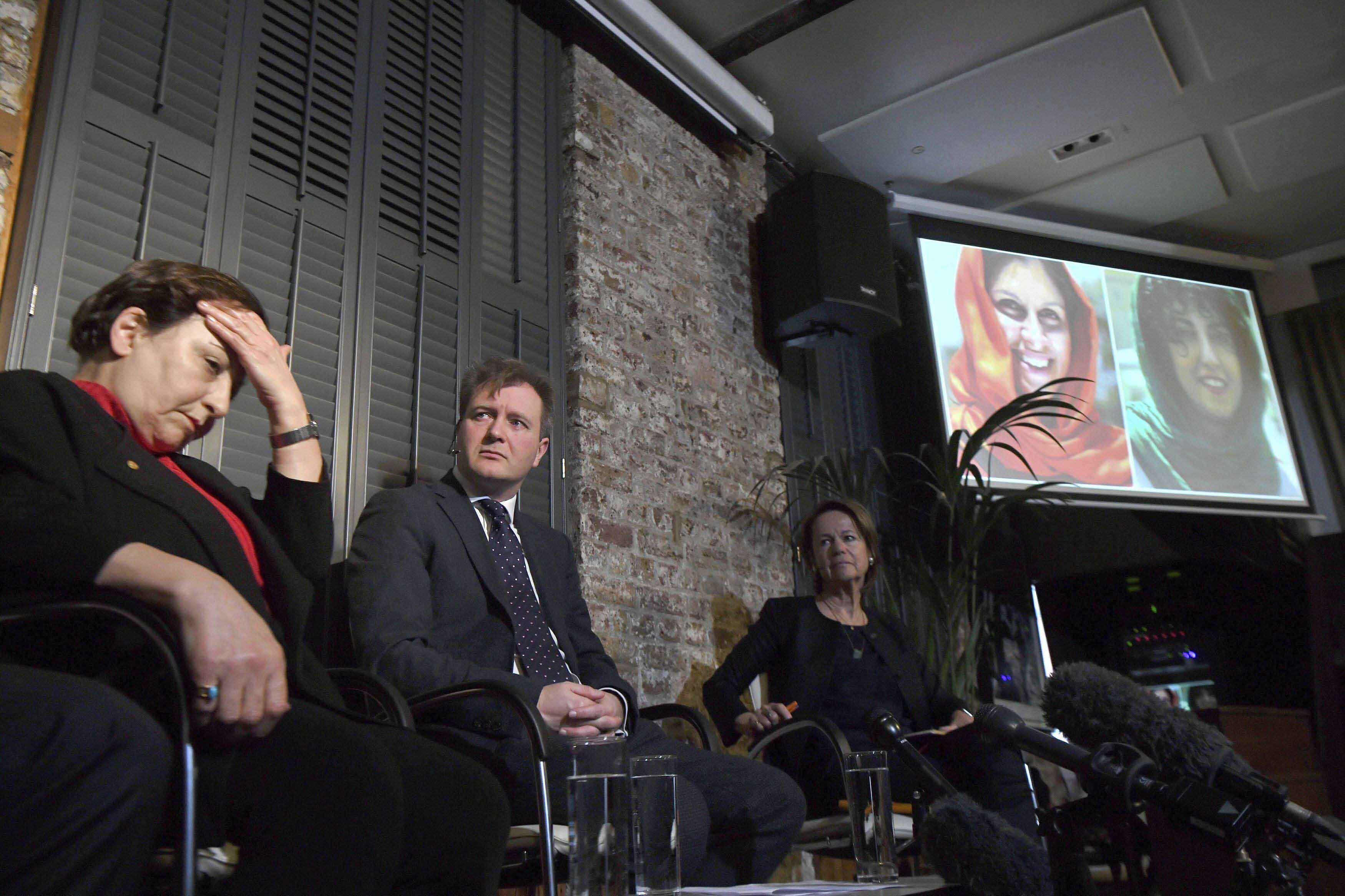 Iranian lawyer and former judge, Shirin Ebadi, and human rights activist and founder of Defenders of Human Rights Centre in Iran sits with, Richard Ratcliffe, the husband of jailed British mother Nazanin Zaghari-Ratcliffe