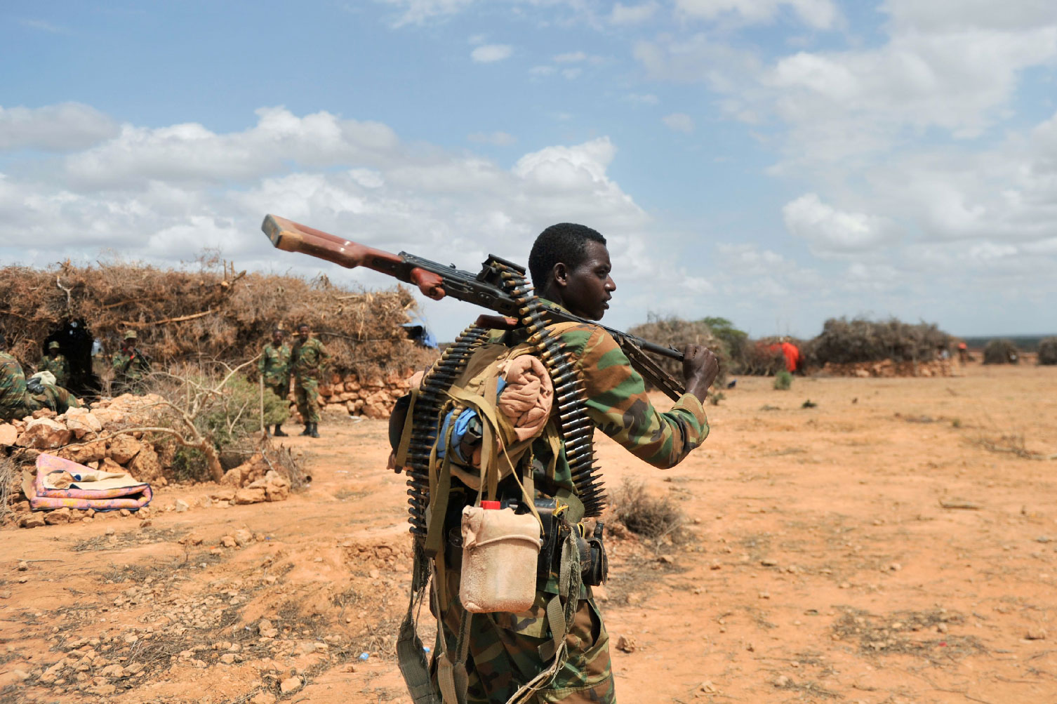 A handout photo taken on June 10, 2016 and released by AMISOM shows an Ethiopian soldier serving under the African Union Mission in Somalia (AMISOM) patroling in Halgan village, Hiran region.