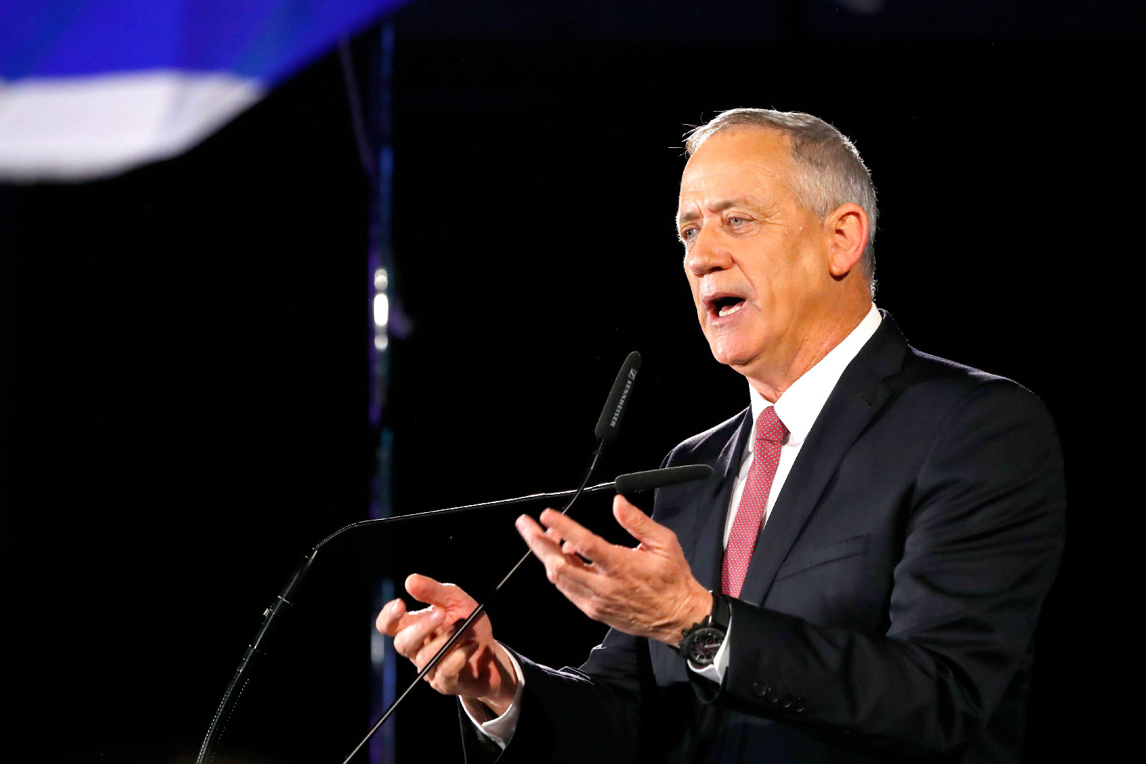 The chairman of the Israel Resilience party Benny Gantz speaks during an electoral campaign gathering on February 19, 2019, in the Israeli coastal city of Tel Aviv ahead of the April 9 general election.