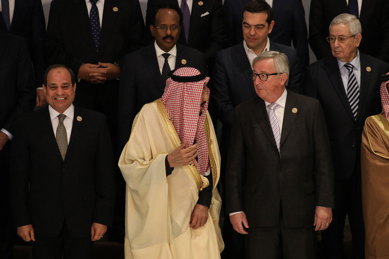 First row from left : Egyptian President Abdel Fattah el-Sisi, Saudi King Salman bin Abdulaziz Al Saud and European Commission President Jean-Claude Juncker pose for the family photo of the Arab League and European Union leaders during the European Union (EU) and League of Arab States (LAS) summit at the Sharm El Sheikh convention center.