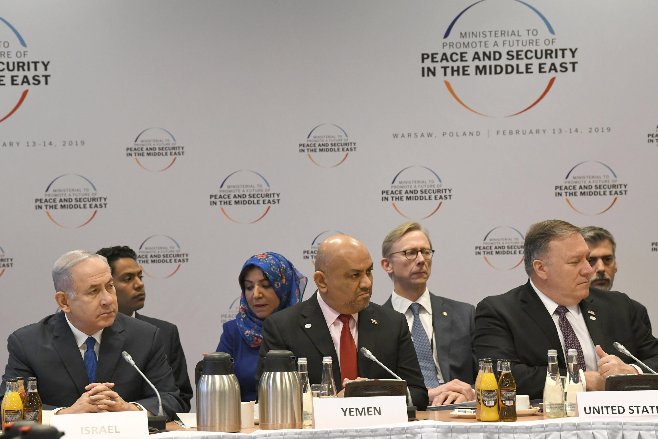 Israeli Prime Minister Benjamin Netanyahu (L-R), Minister of Foreign Affairs of Yemen Khaled al-Yamani, and US Secretary of State Mike Pompeo attend the Warsaw Peace and Security in the Middle East conference.