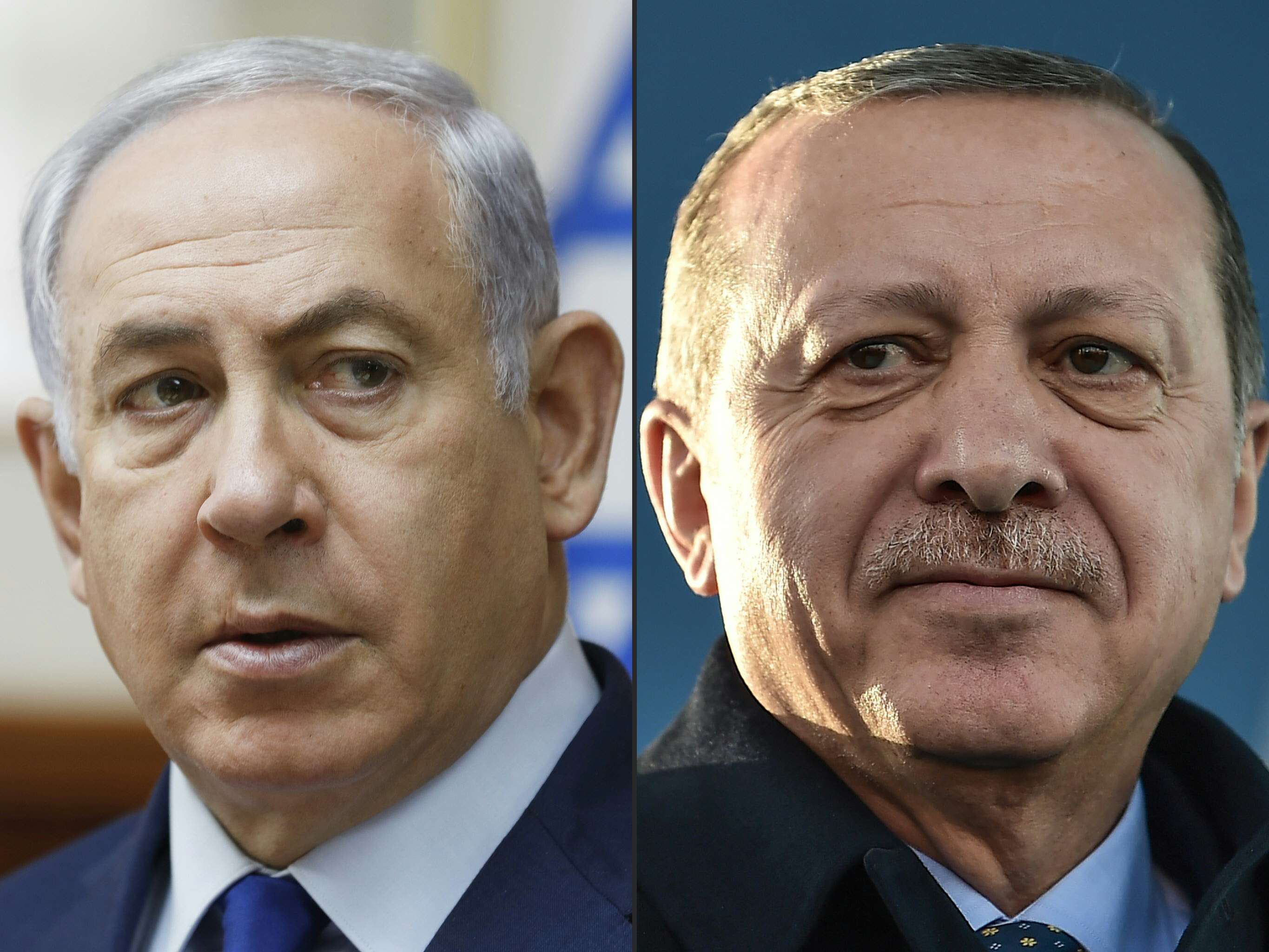  This combination of pictures created on April 1, 2018 shows a file photo taken on November 19, 2017 of Israel's Prime Minister Benjamin Netanyahu (L) attending the weekly cabinet meeting in Jerusalem and a file photo taken on December 15, 2017 of Turkish President Recep Tayyip Erdogan during the inauguration ceremony of Turkey's first automated urban metro line on the Asian side of Istanbul.