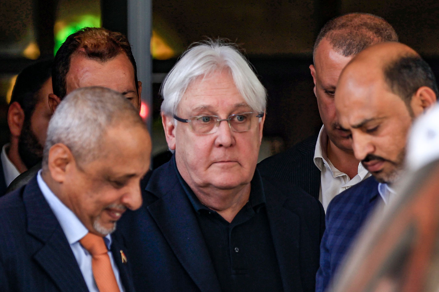 In this file photo taken on February 11, 2019 Martin Griffiths (C), the UN special envoy for Yemen, arrives at Sanaa international airport.