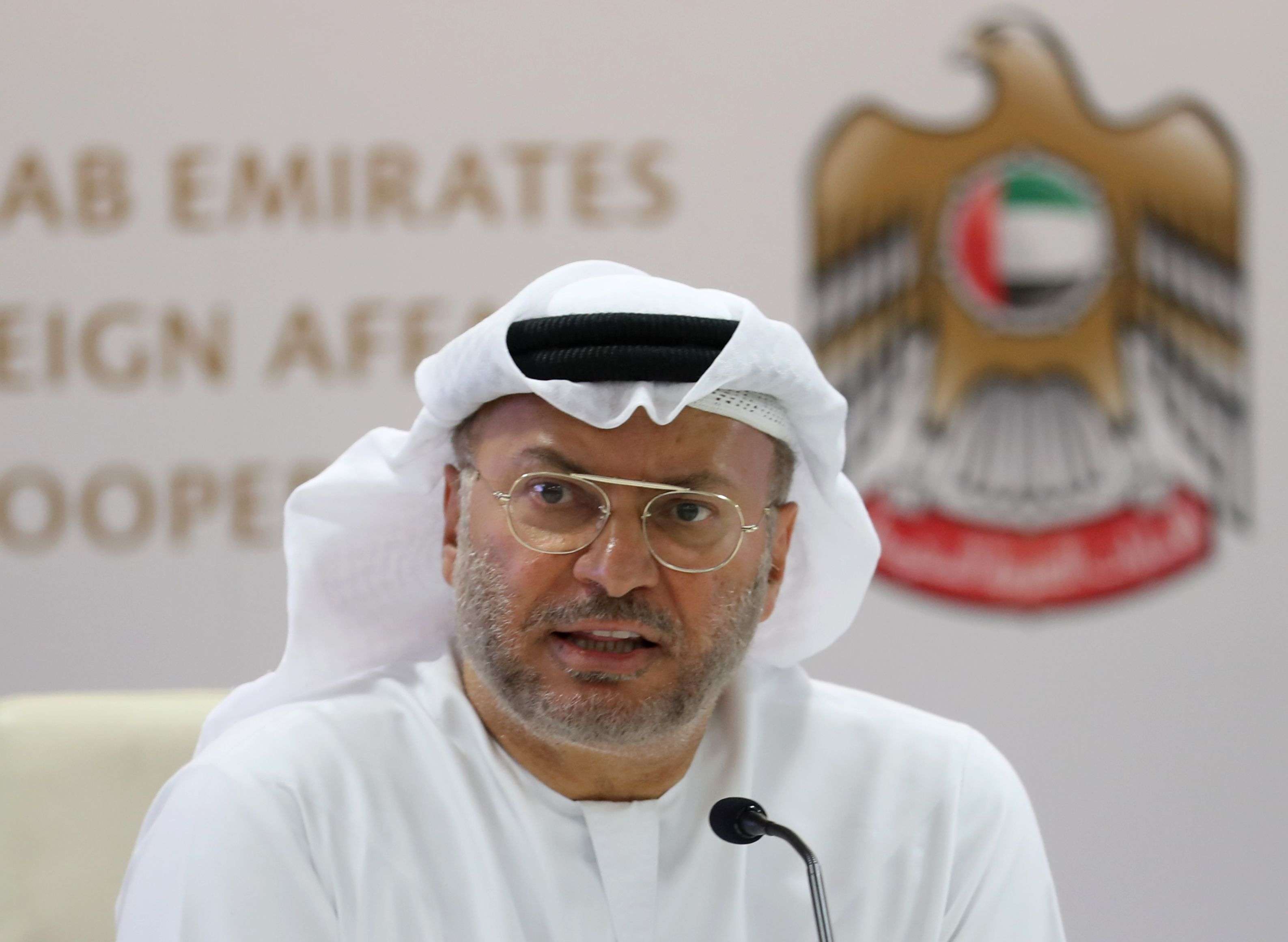 Emirati Minister of State for Foreign Affairs Anwar Gargash speaks at a news conference in Dubaim August 13, 2018. 