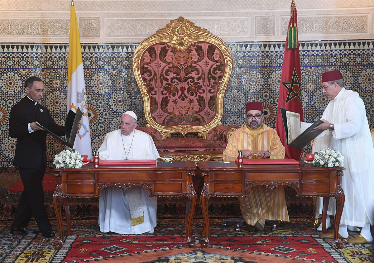 Pope Francis and King Mohammed VI attend a signature ceremony at the Royal Palace in Rabat