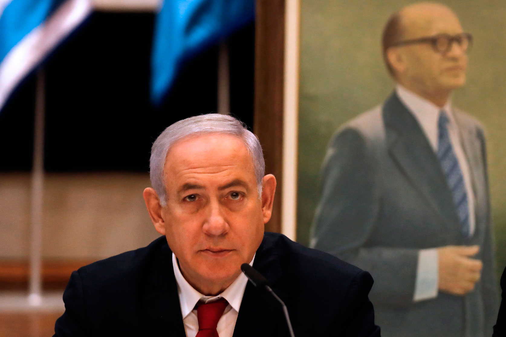 Israeli Prime Minister Benajmin Netanyahu delivers a statement during the Likud party meeting in memory of the late Prime Minister Menachem Begin at the Begin Heritage Center in Jerusalem, on March 11, 2019.