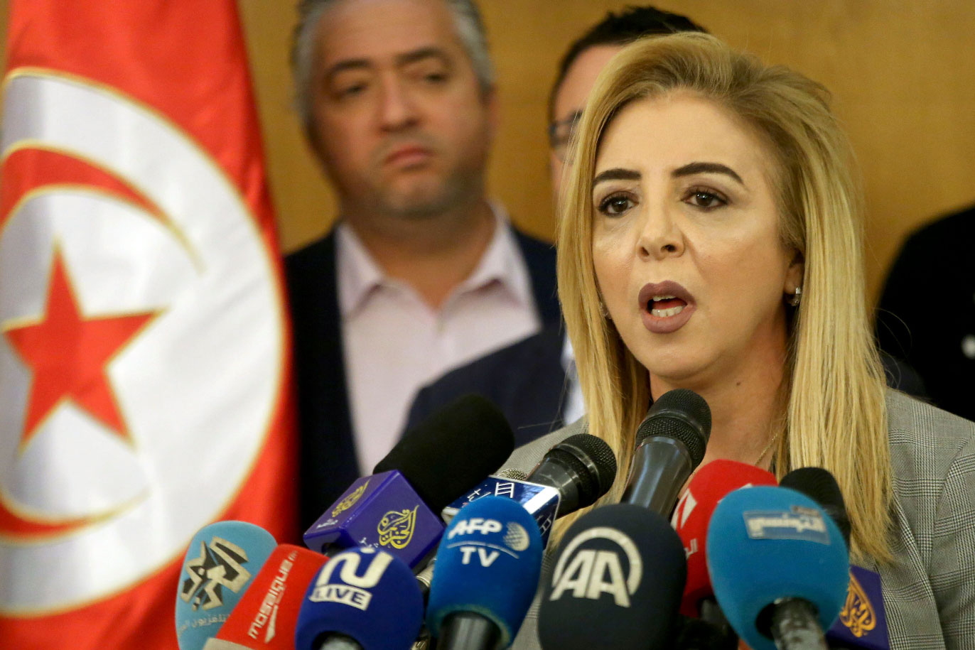 New interim Tunisia's Health Minister Sonia Ben Sheikh gives press conference in Tunis, Monday, March 11, 2019.