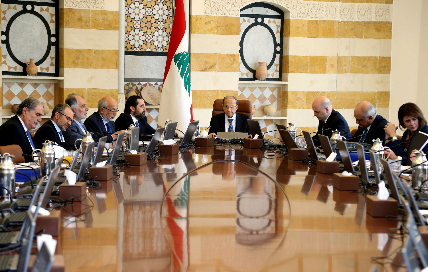 Lebanese President Michel Aoun (C) heading a cabinet meeting at the presidential palace in Baabda