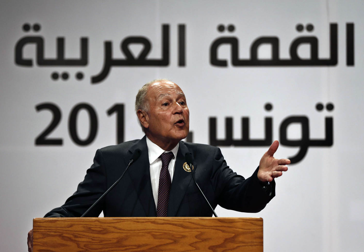 أمين عام الجامعة العربية أحمد أبوالغيط في مؤتمر صحفي بعد القمة العربية في تونس