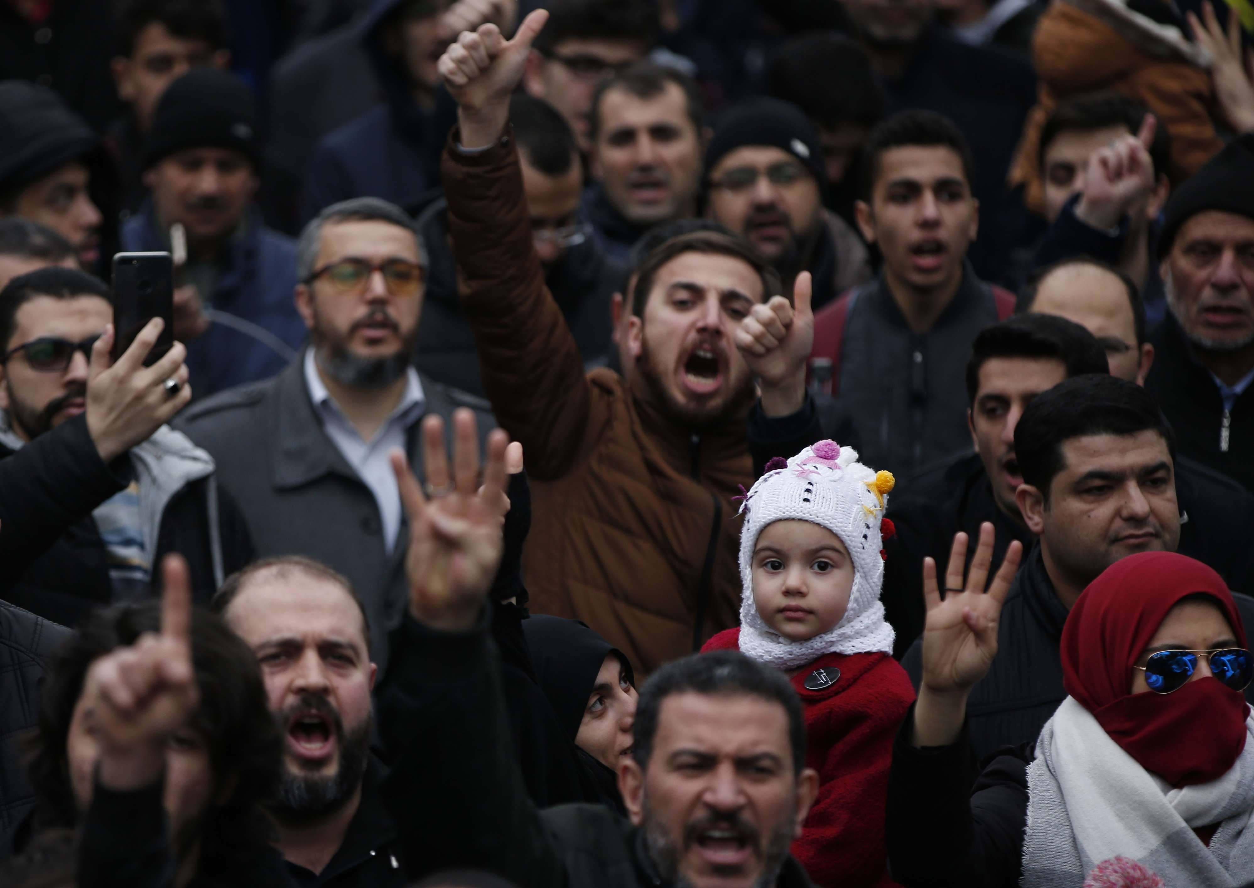 Demonstrators in Istanbul, Turkey chant slogans during a protest against the execution in Egypt of nine suspected Muslim Brotherhood members on March 2, 2019