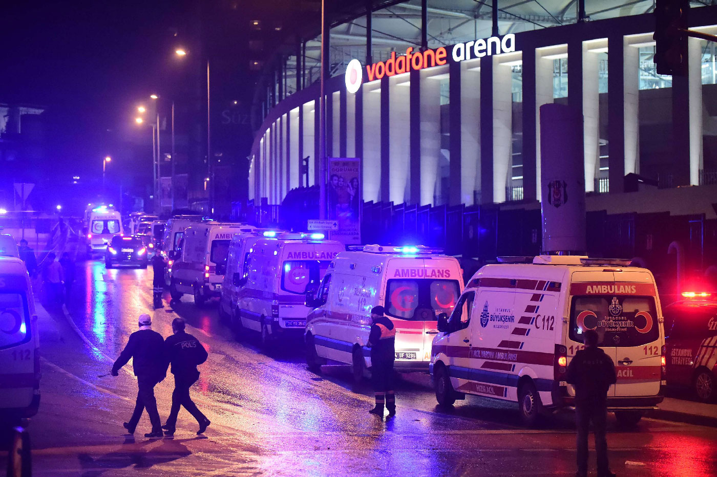 Ambulances are seen near the stadium of Besiktas in central Istanbul on December 10, 2016