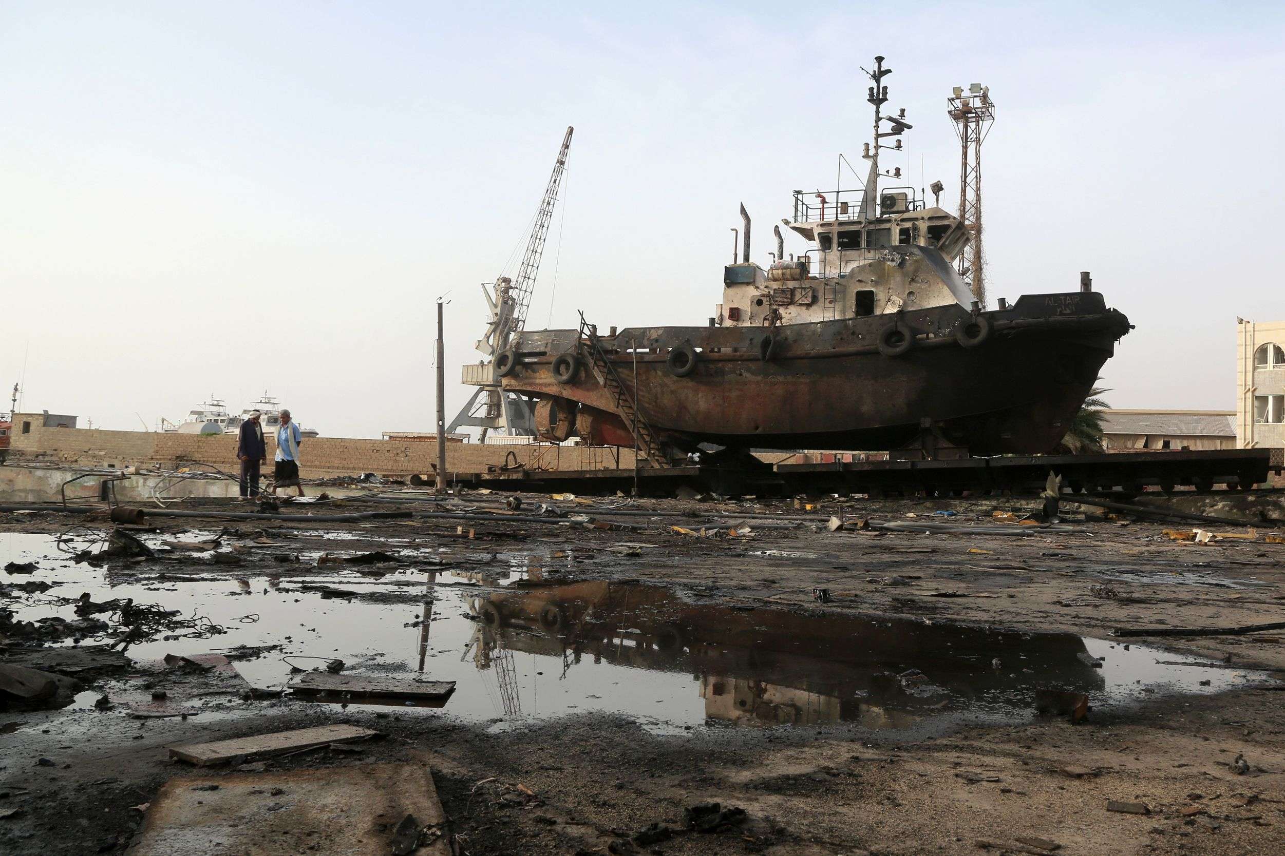 The site of an air strike on the maintenance hub at the Hodeidah port