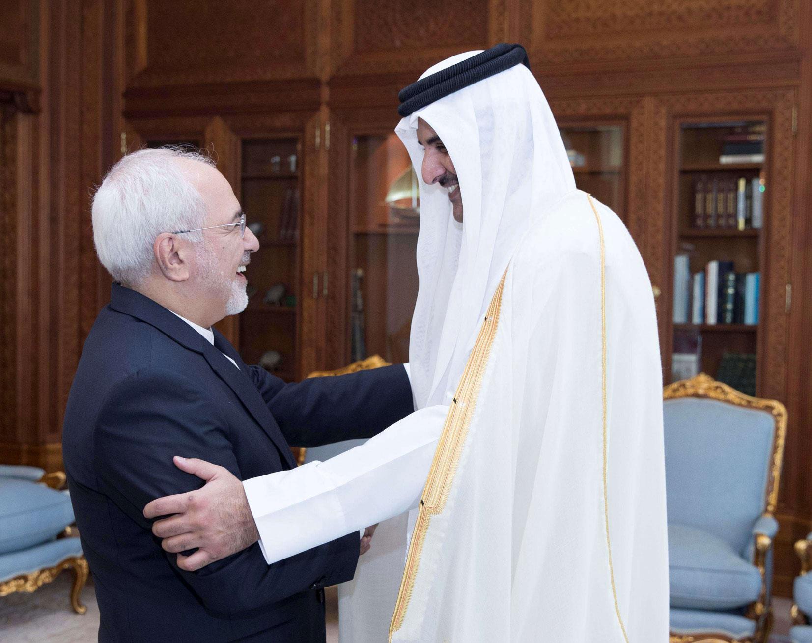أمير دولة قطر الشيخ تميم بن حمد آل ثاني في لقاء مع وزير الخارجية الايراني محمد جواد ظريف