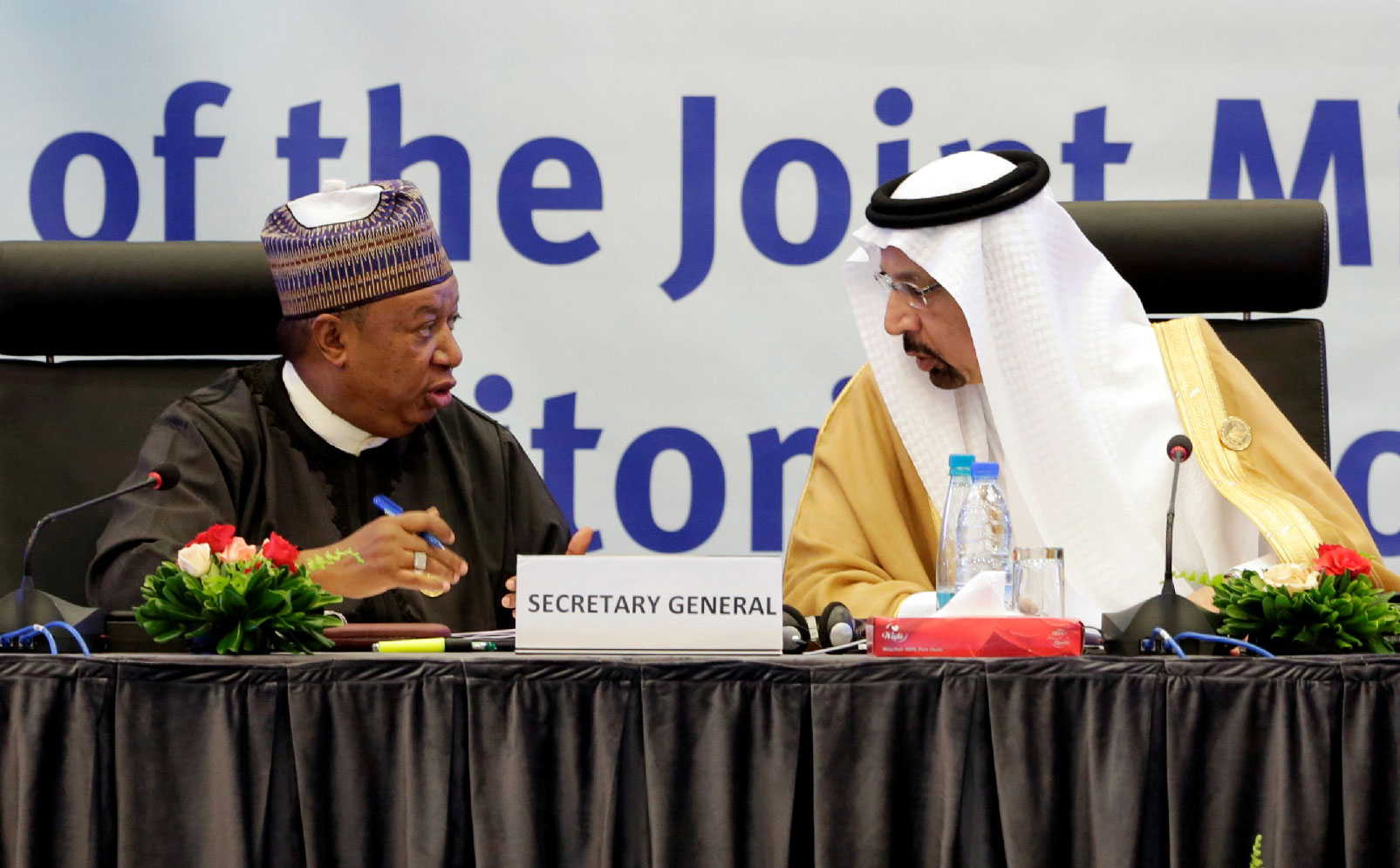 Saudi Arabian Energy Minister Khalid al-Falih talks with OPEC Secretary-General Mohammed Barkindo