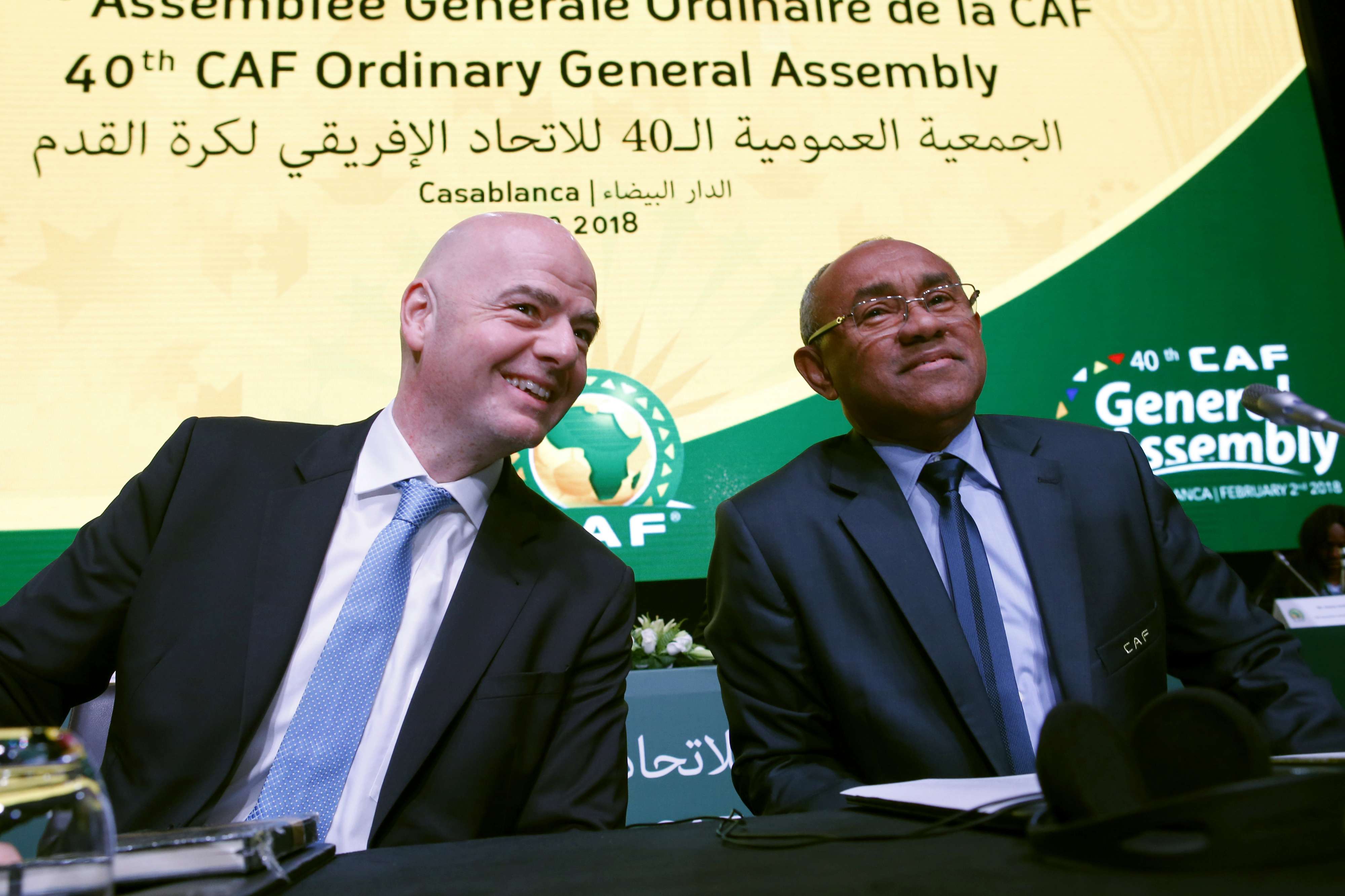 ئيس الاتحاد الأفريقيأحمد أحمد ورئيس الفيفا جياني إنفانتينو في افتتاح الجمعية العامة للاتحاد الأفريقي بالدار البيضاء