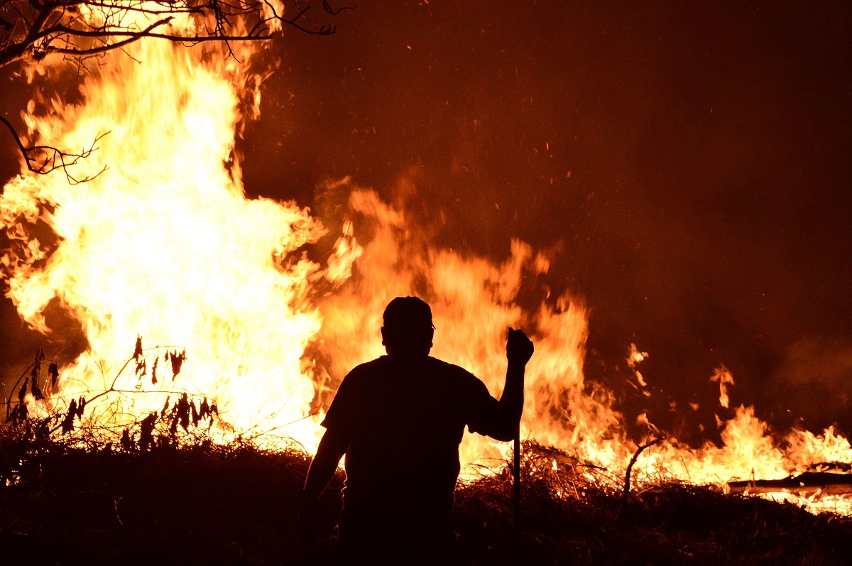 رجل يقف بالقرب من حريق غابات في هندوراس