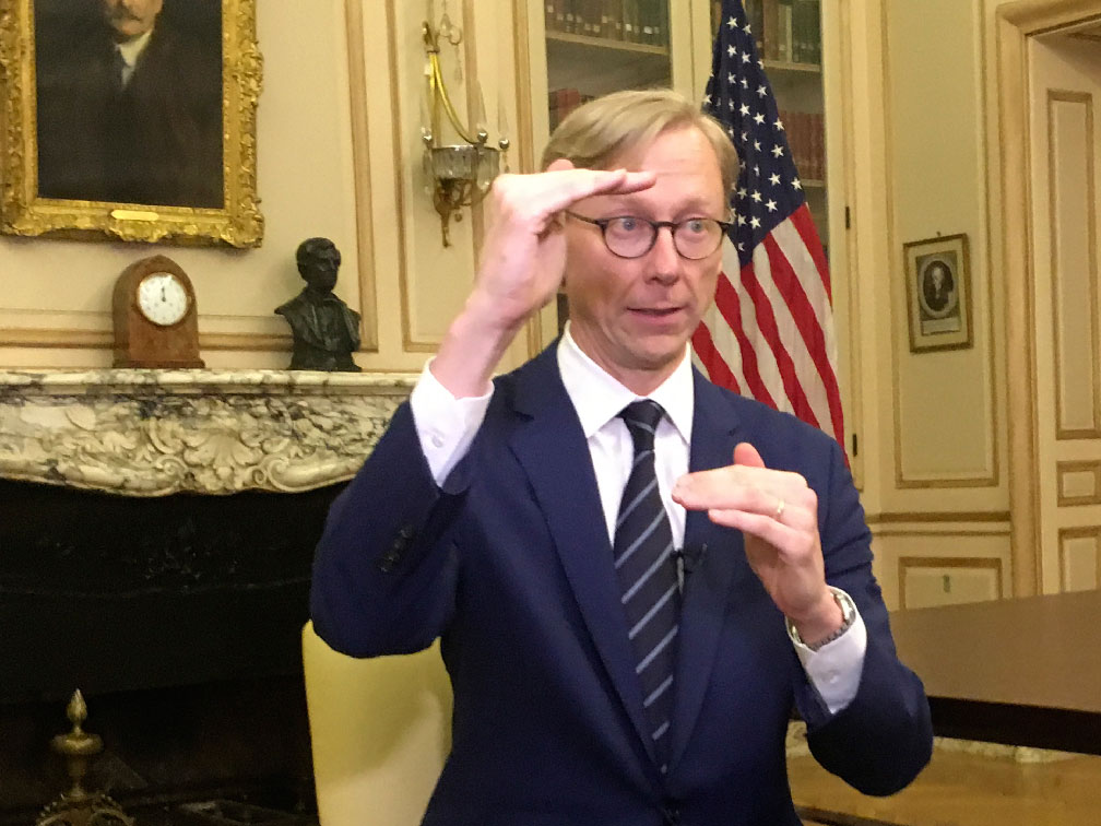 Brian Hook, the US special envoy for Iran, gestures during an interview in Paris