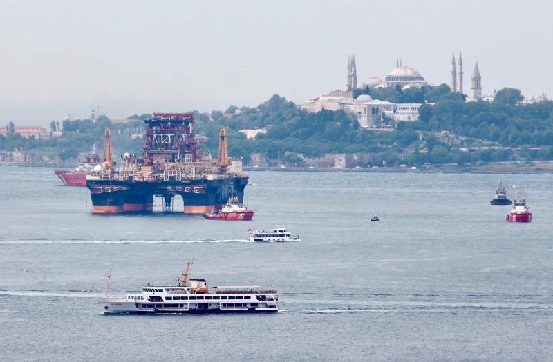 A drilling vessel sails in the Bosporus in Istanbul