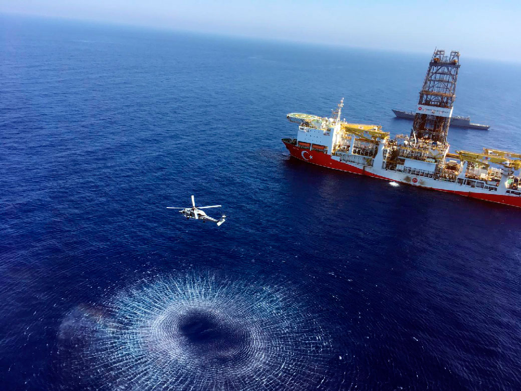 A helicopter flies near Turkey's drilling ship, 'Fatih' dispatched towards the eastern Mediterranean