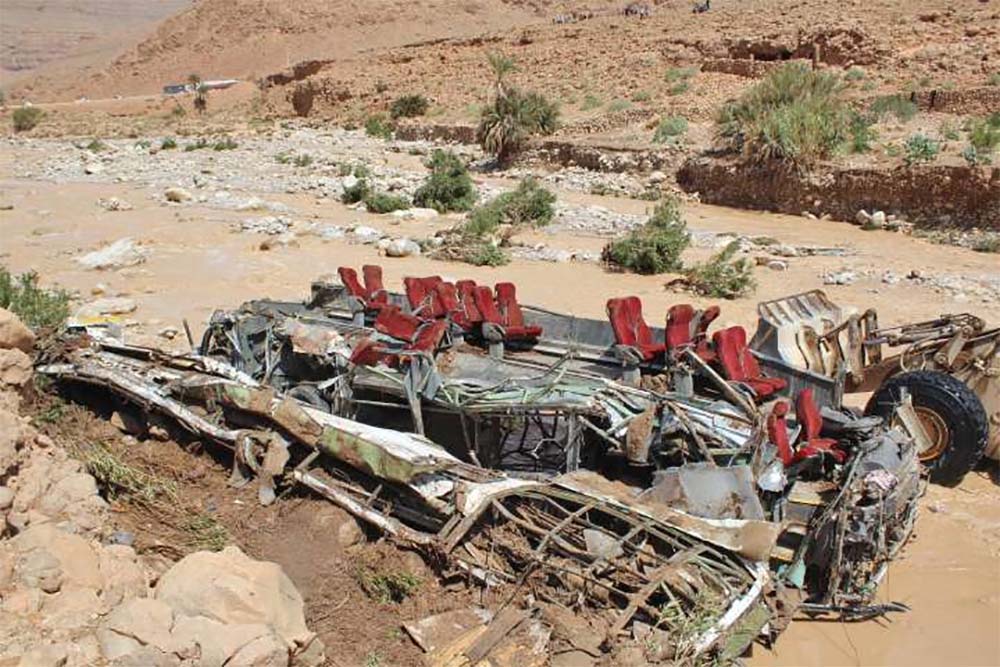 Wreckage of a bus, following a flood-related accident at the Damchan river near the city of Errachidia