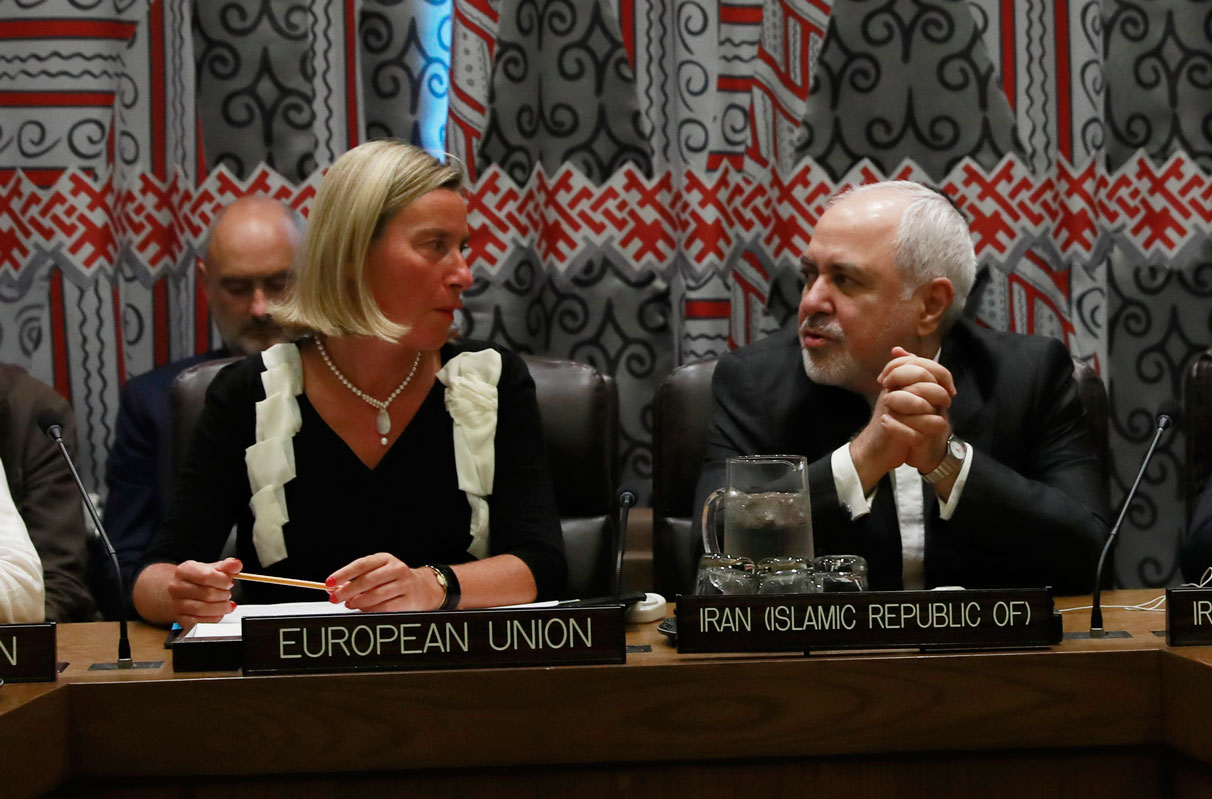 Federica Mogherini, High Representative for Foreign Affairs and Security Policy and Vice-President of the European Commission, speaks with Iran's Foreign Minister Javad Zarif