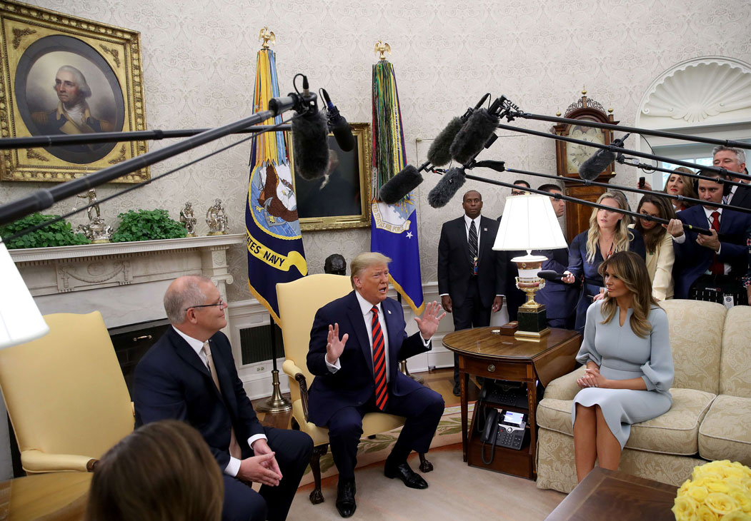 US President Donald Trump speaks in the Oval Office while meeting with Australian Prime Minister Scott Morrison