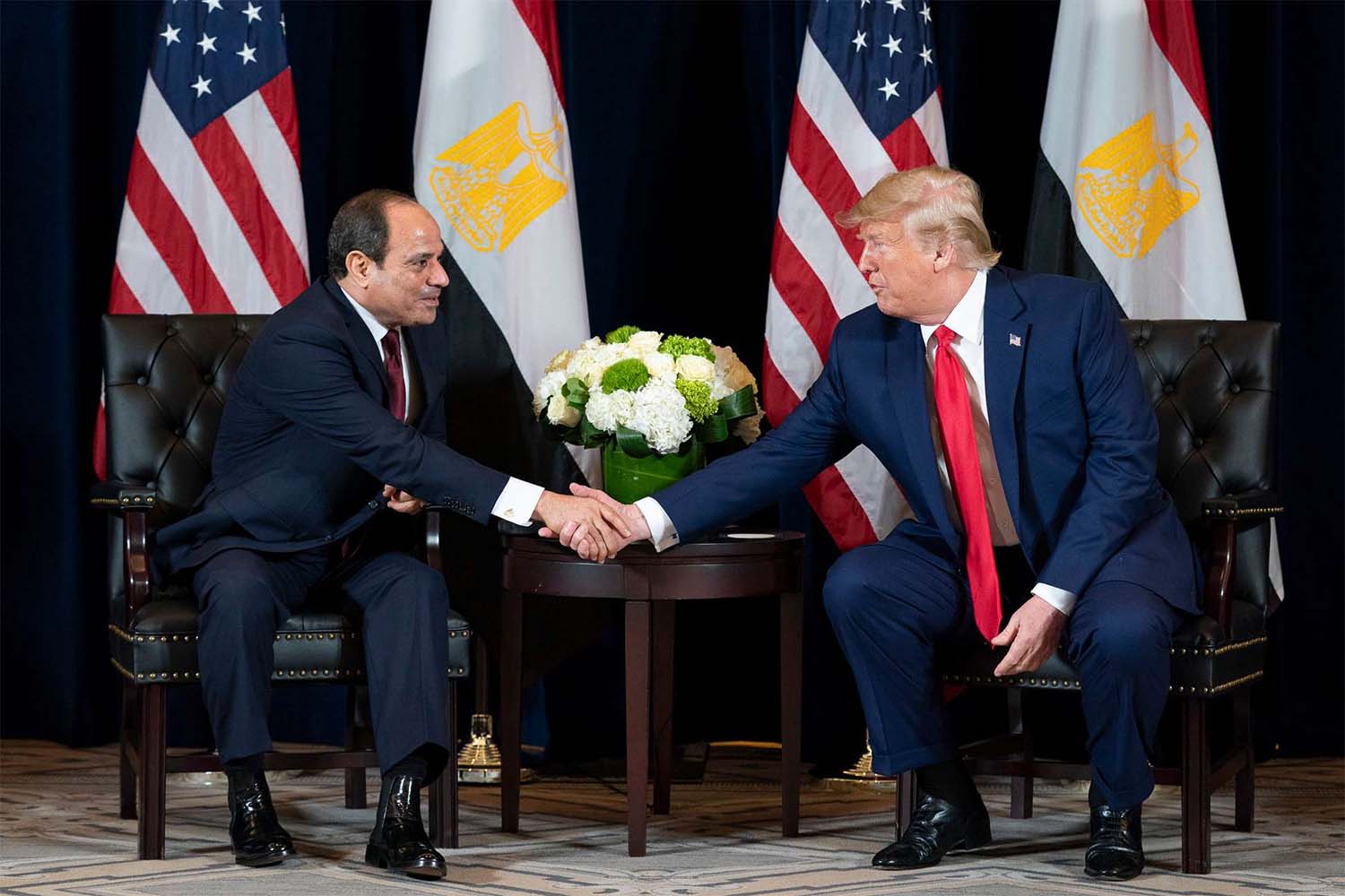 US President Donald Trump shakes hands with Egyptian President Abdel Fattah el-Sisi during their meeting