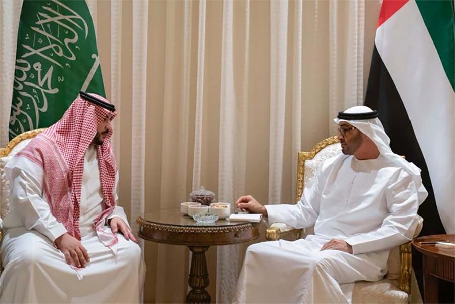Abu Dhabi’s crown prince (L) receiving Saudi deputy defence ministaer at his palace
