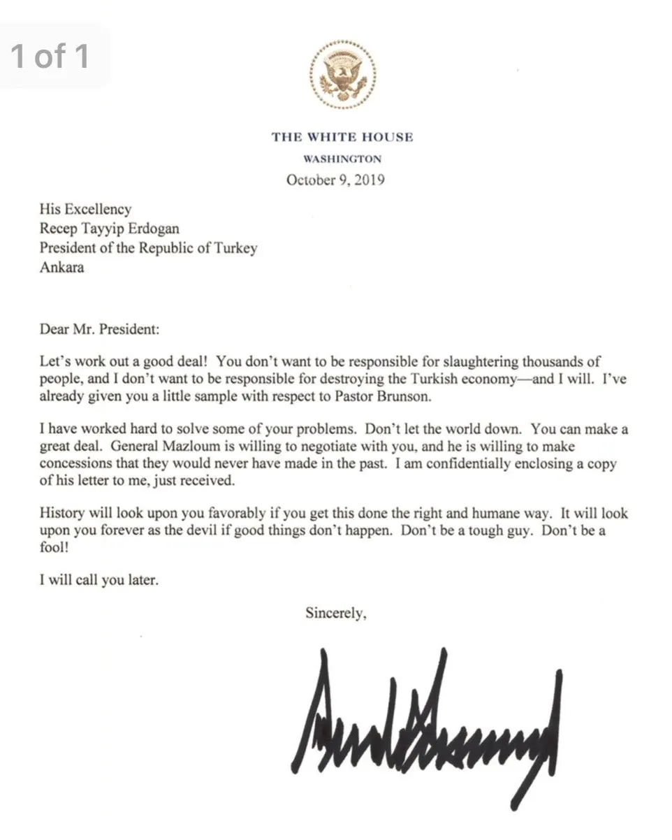 The text of Donald Trump's Oct. 9 letter to Erdogan