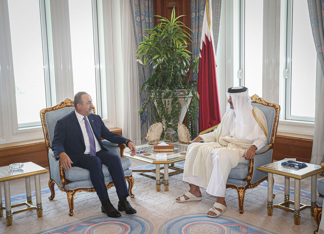 أمير قطر (يمين) في لقاء مع وزير الخارجية التركي