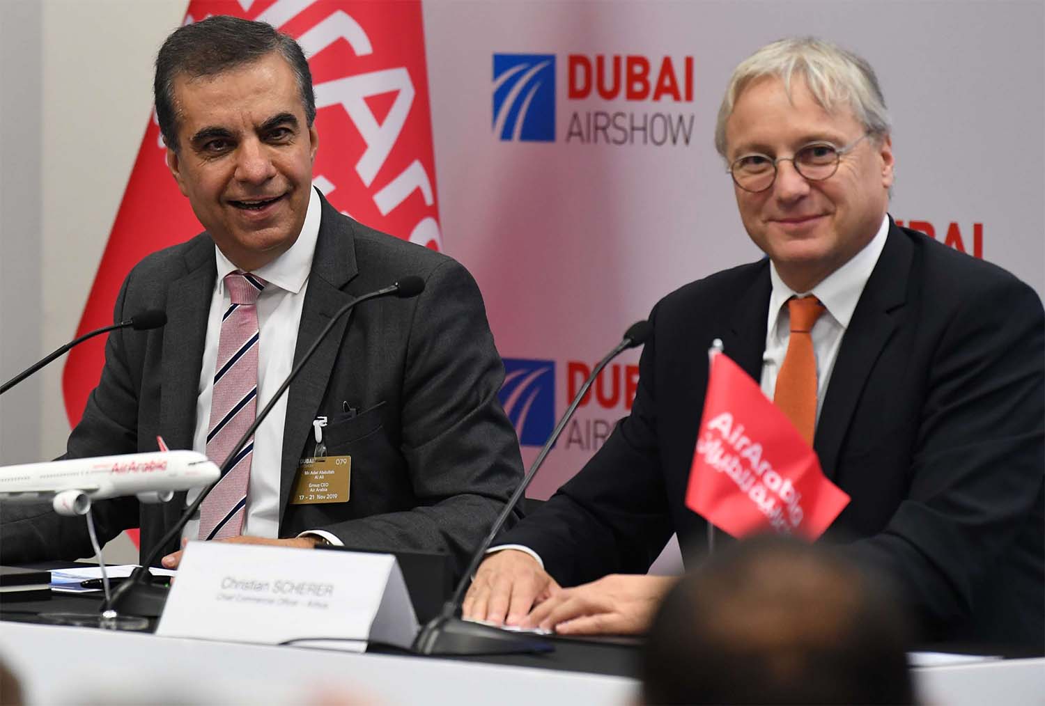 Adel Ali (L), CEO of Air Arabia, and Christian Scherer, Chief Commercial Officer (CCO) at Airbus at Dubai Airshow
