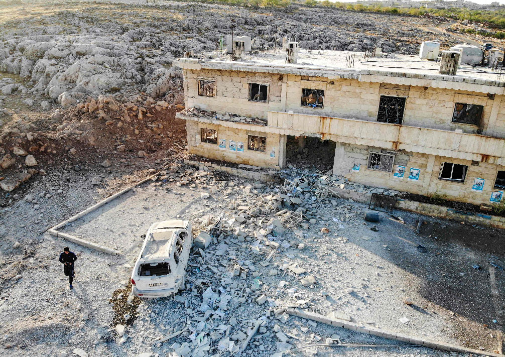 An aerial view of a hospital that was reportedly hit by an air strike in the Syrian village of Shinan