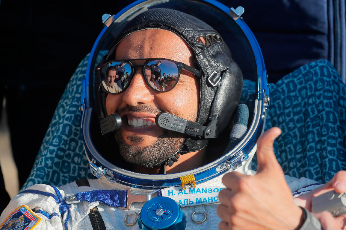 United Arab Emirates astronaut Hazzaa al-Mansoori gives the thumbs-up