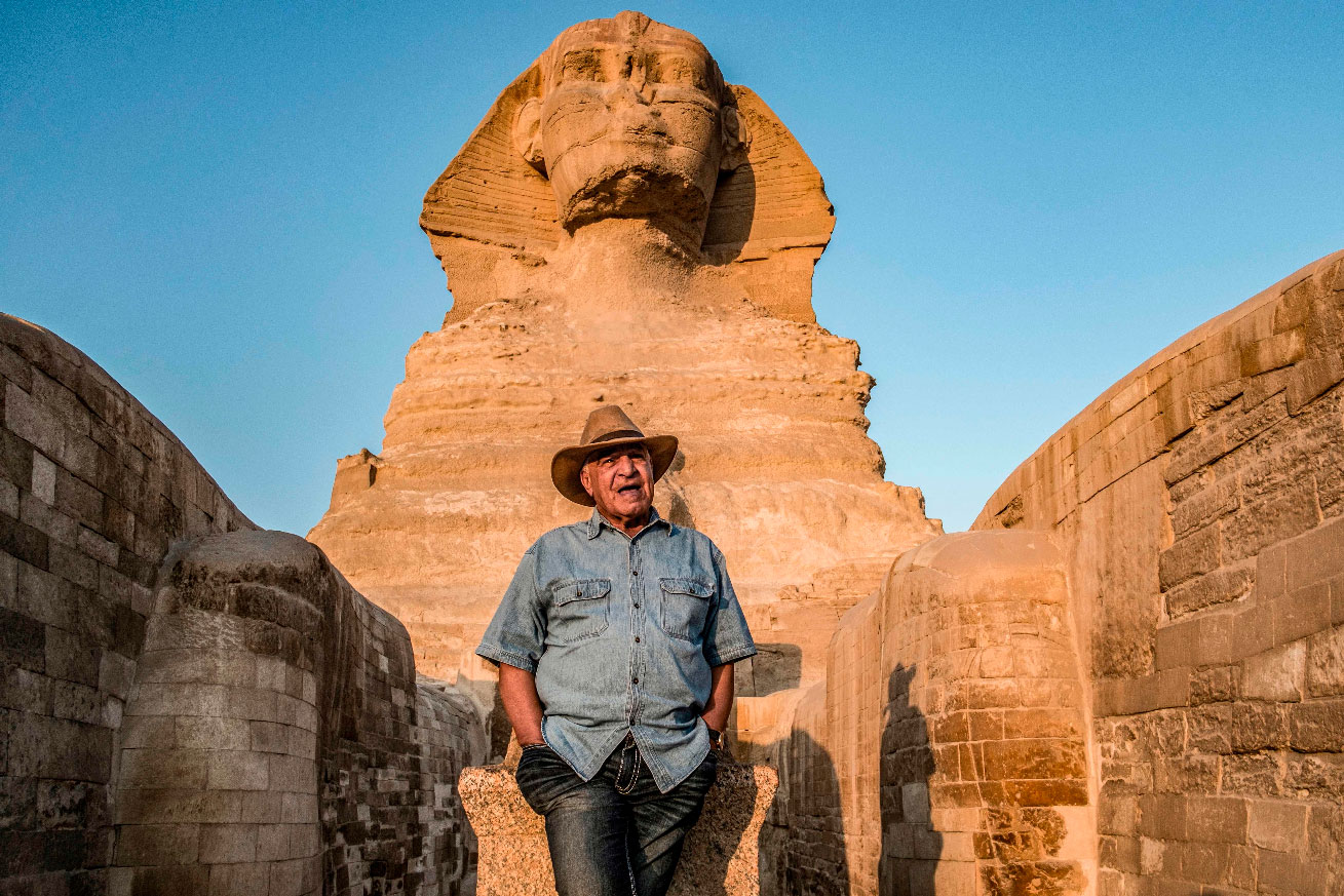 Zahi Hawass, Egyptian archaeologist and former antiquities minister, stands before the Great Sphinx of Giza