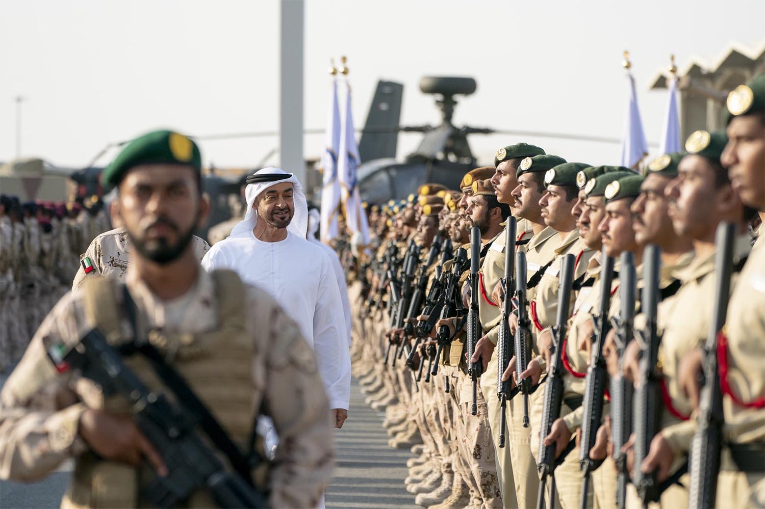 Sheikh Mohamed during a reception to celebrate members of the UAE Armed Forces who served in the Arab coalition in Yemen, at Zayed Military City in Abu Dhabi