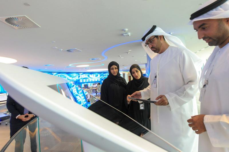Sultan Ahmed Al Jaber, UAE Minister of State and the Abu Dhabi National Oil Company (ADNOC) Group CEO talks to employees at the Panorama Digital Command Centre