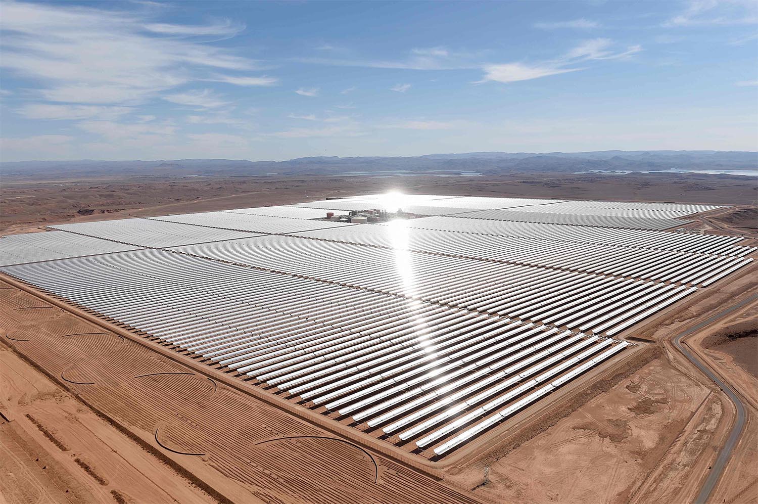 Aerial view of the solar mirrors at the Noor 1 Concentrated Solar Power plant outside Ouarzazate