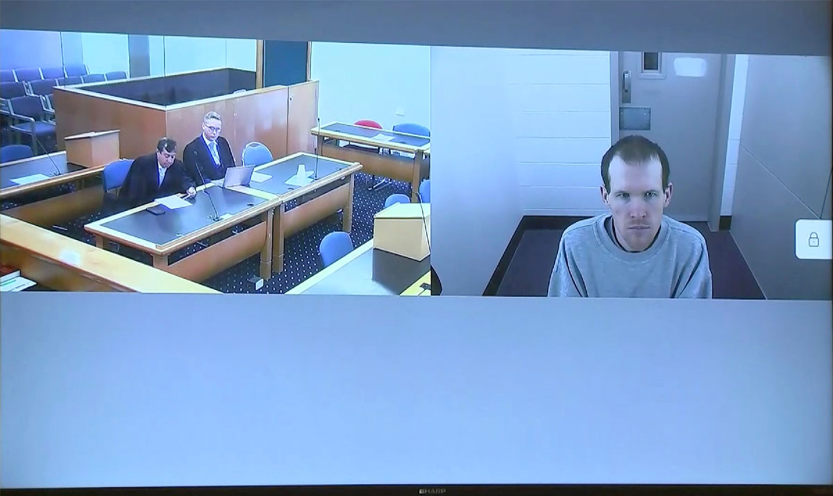 Brenton Harrison Tarrant, right, and lawyers in a screen via video link in Christchurch, New Zealand
