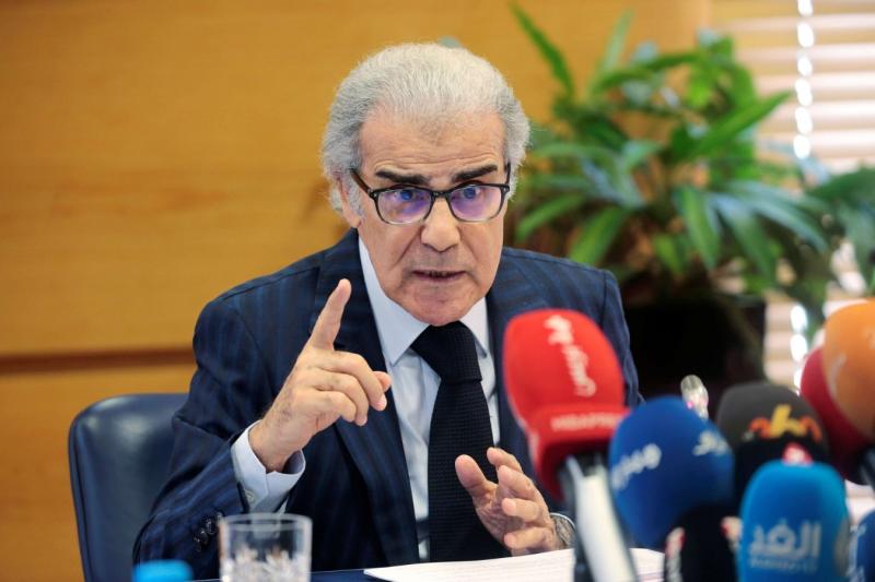 A 2019 file picture shows Bank Al-Maghrib Governor Abdellatif Jouahri speaking during a news conference in Rabat